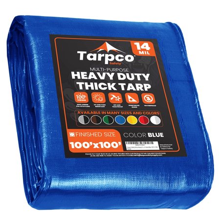TARPCO SAFETY 100 ft L x 0.5 mm H x 100 ft W Heavy Duty 14 Mil Tarp, Blue, Polyethylene TS-105-100X100